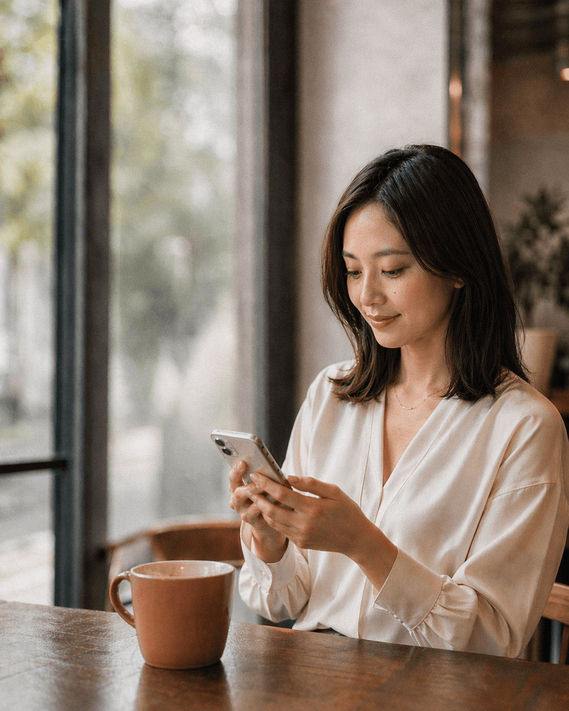 カフェでパパ活アプリを比較検討する女性