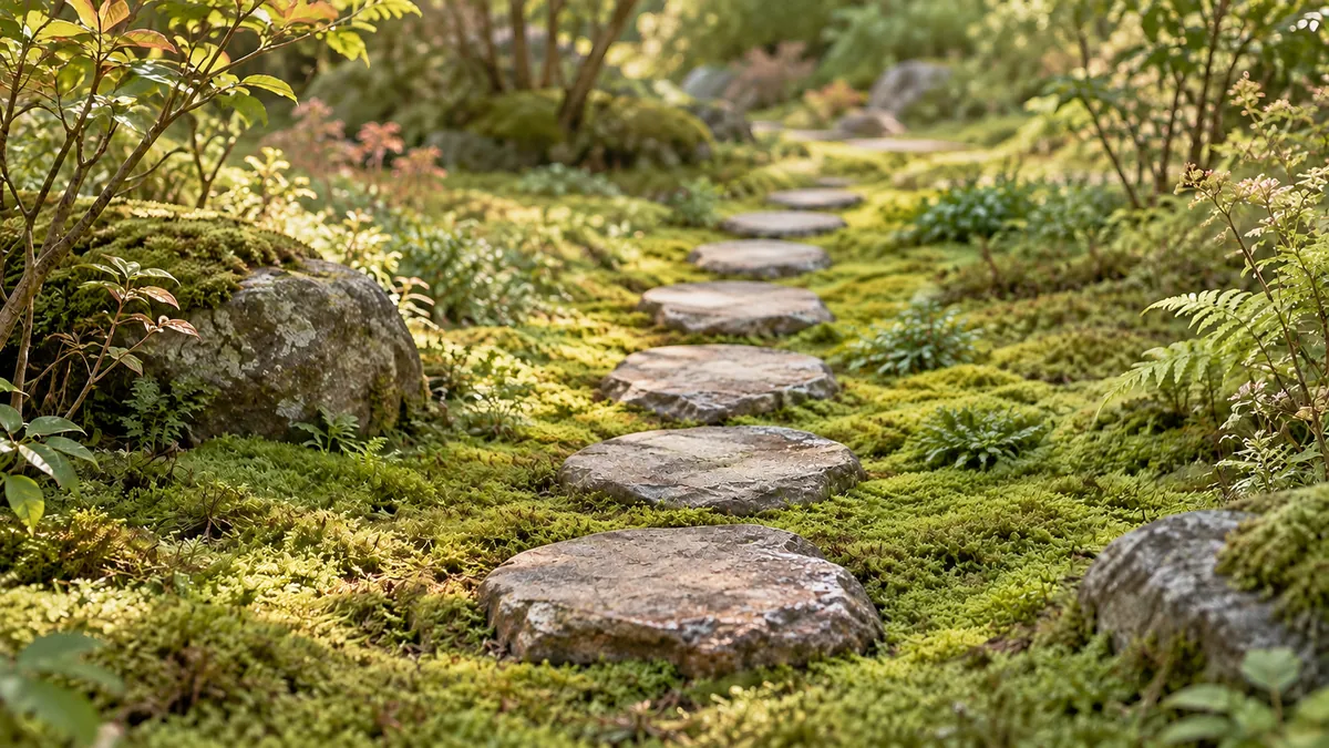 苔の庭に、平らな飛び石が奥へ続いている
