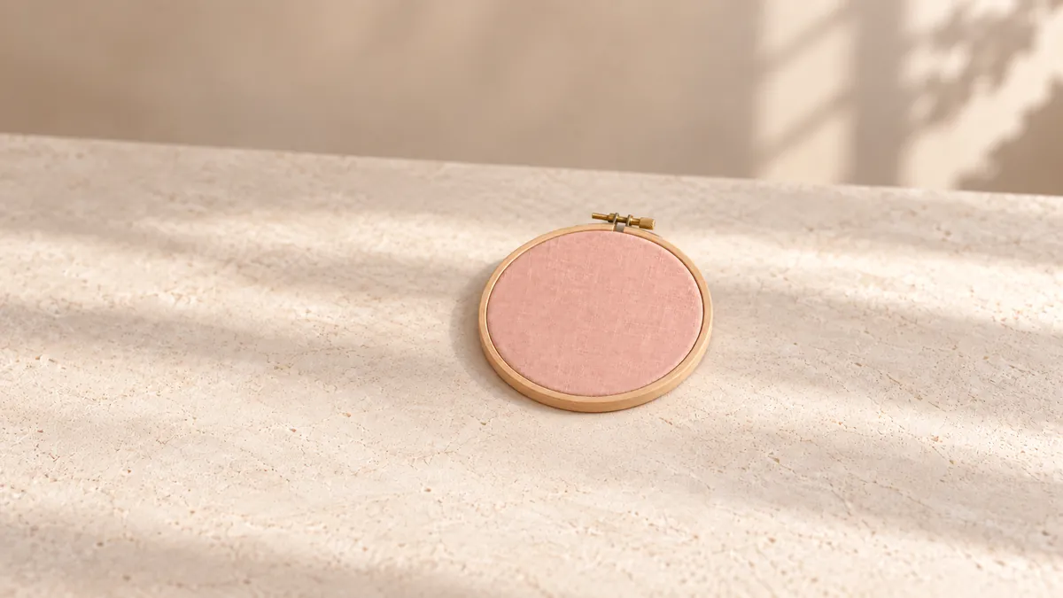 無地のくすみピンクの布を張った木製の刺繍枠