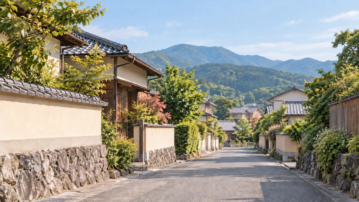 瓦屋根の低い家並みと石垣が続く静かな道の先に、緑の山が見える昼の町並み。人や車はいない