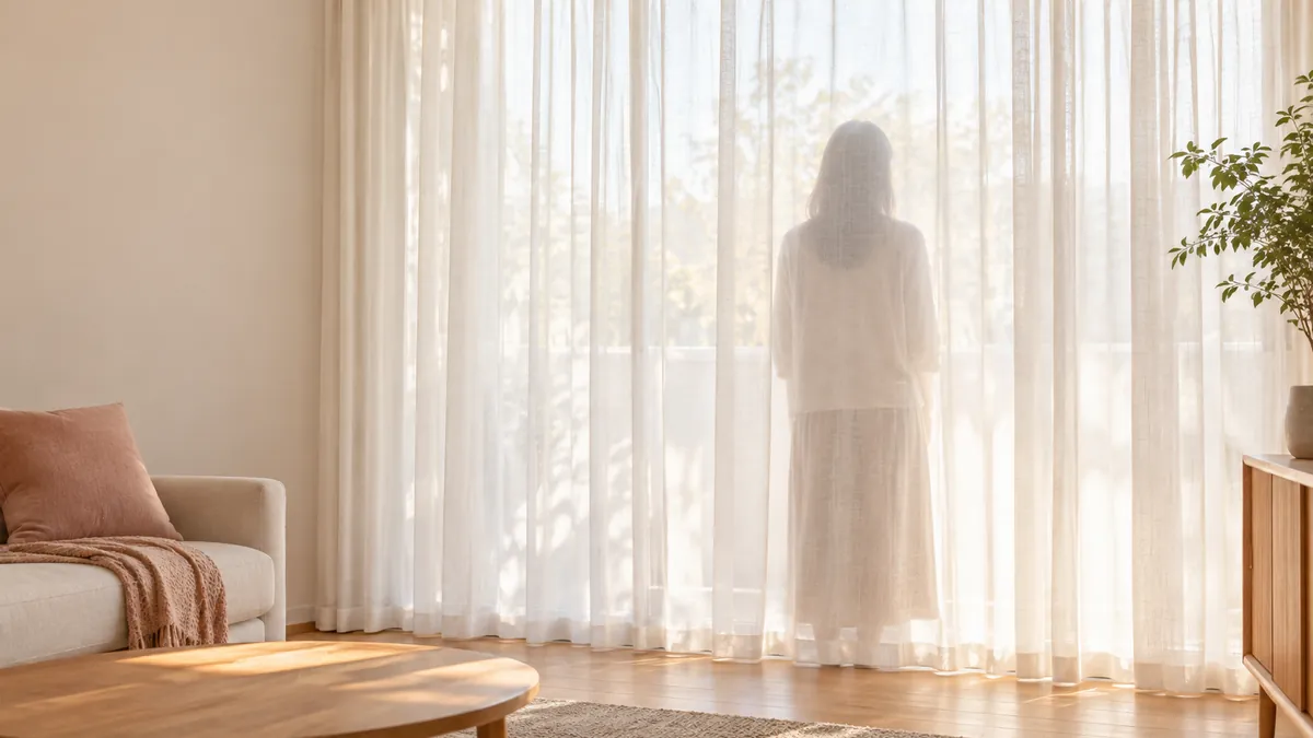 明るいリビングで、窓の前の薄いカーテンの向こうに立つ女性の後ろ姿がぼんやり見える