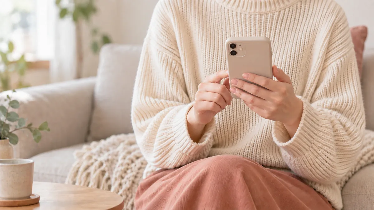 ソファに座る女性が、クリーム色のニットの袖口からのぞく両手でスマートフォンを持っている手元。スマートフォンは背面が見えている